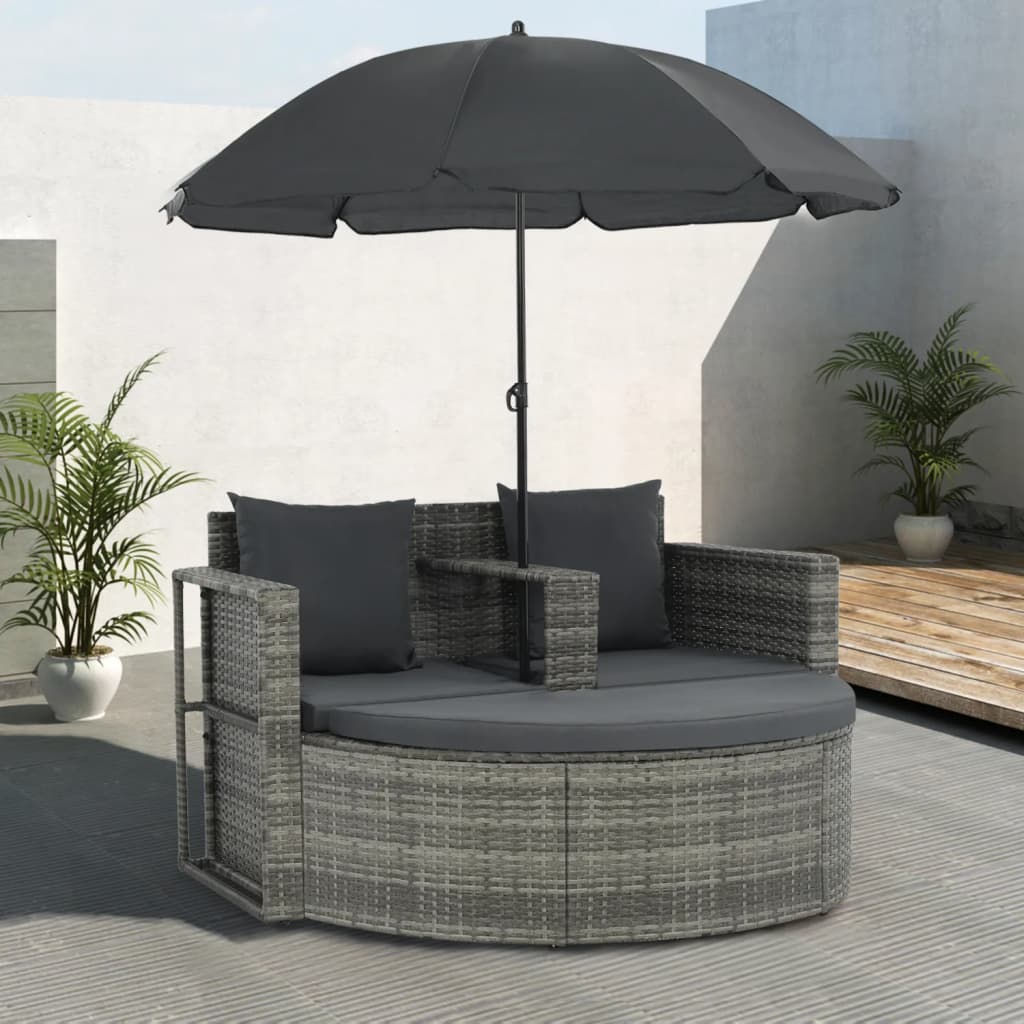 vidaXL Gartenbett mit Sonnenschirm Grau Poly Rattan