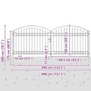 Plotová brána ASSEN dvoukřídlé dveře s klenutým vrškem ocel 400 x 150 cm - obrázek 5