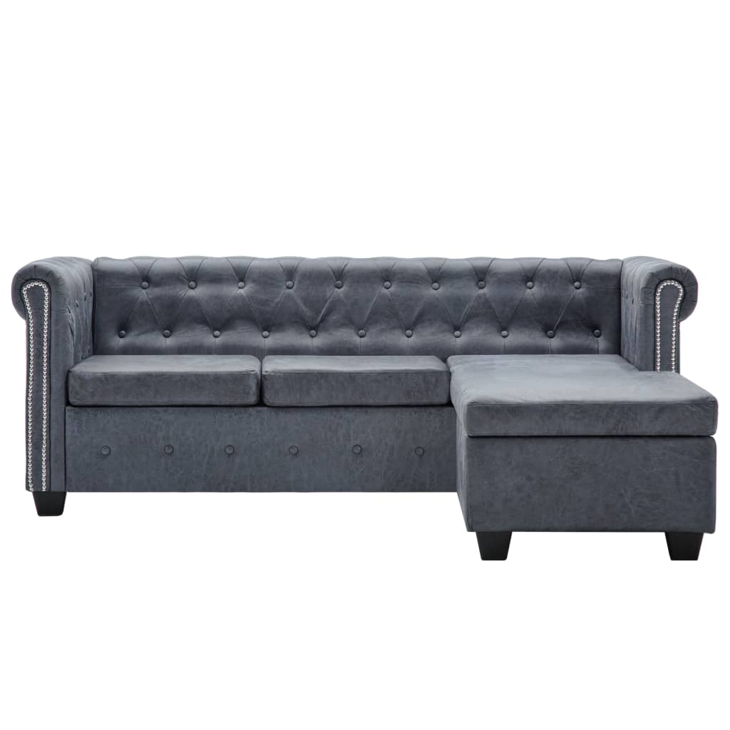 vidaXL Chesterfield sofa, pilka, dirbtinė zomšas, L formos
