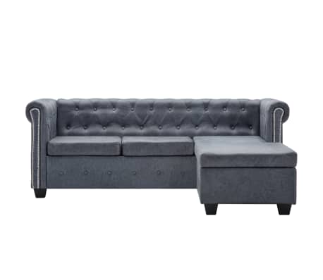 vidaXL Chesterfield sofa, pilka, dirbtinė zomšas, L formos