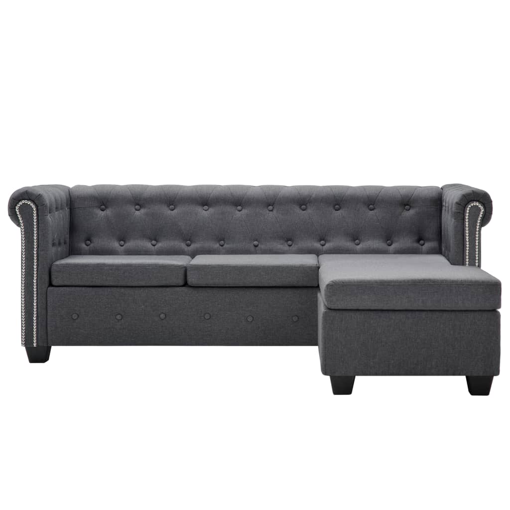 vidaXL L-formos chesterfield sofa, tamsiai pilka, audinys