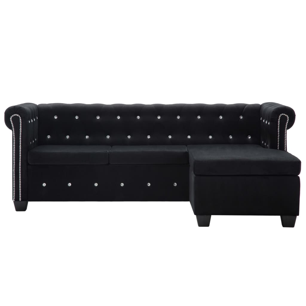 vidaXL L form. Chesterfield sofa, aksom. apmuš., 199x142x72cm, juoda