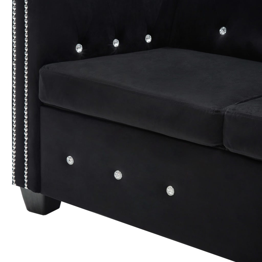 Fekete L-alakú bársony Chesterfield kanapé 199 x 142 x 72 cm 