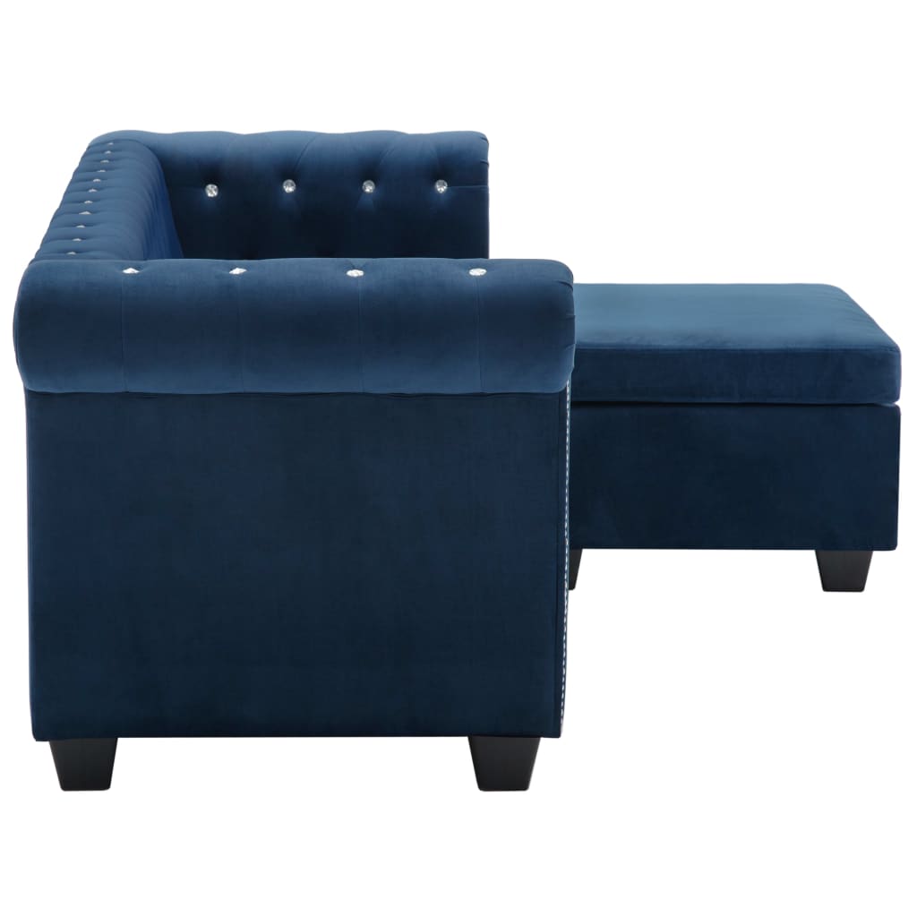 Kék L-alakú bársony Chesterfield kanapé 199 x 142 x 72 cm 
