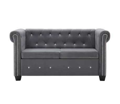 vidaXL dīvāns Chesterfield, divvietīgs, 146x75x72 cm, pelēka samta apdare
