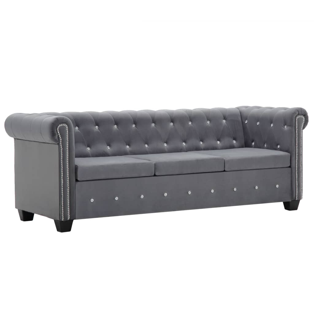 vidaXL Canapea Chesterfield cu 3 locuri, catifea, 199x75x72 cm, gri