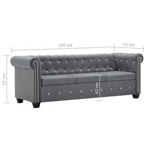 3místná pohovka Chesterfield samet 199 x 75 x 72 cm šedá - obrázek 10