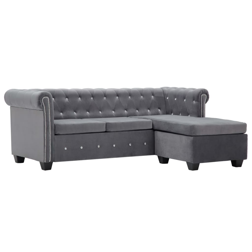 vidaXL Canapea Chesterfield, formă L, catifea, 199 x 142 x 72 cm, gri 142