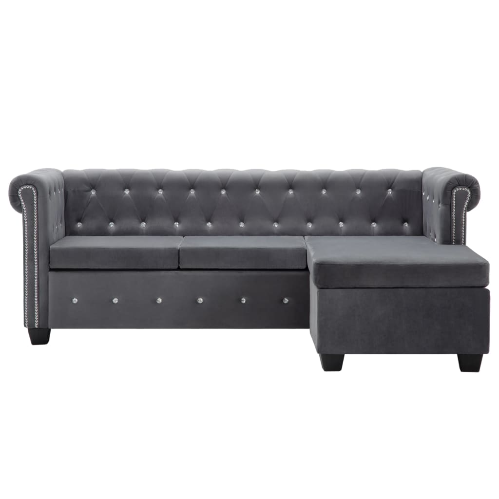 vidaXL L form. Chesterfield sofa, aksom. apmuš., 199x142x72cm, pilka