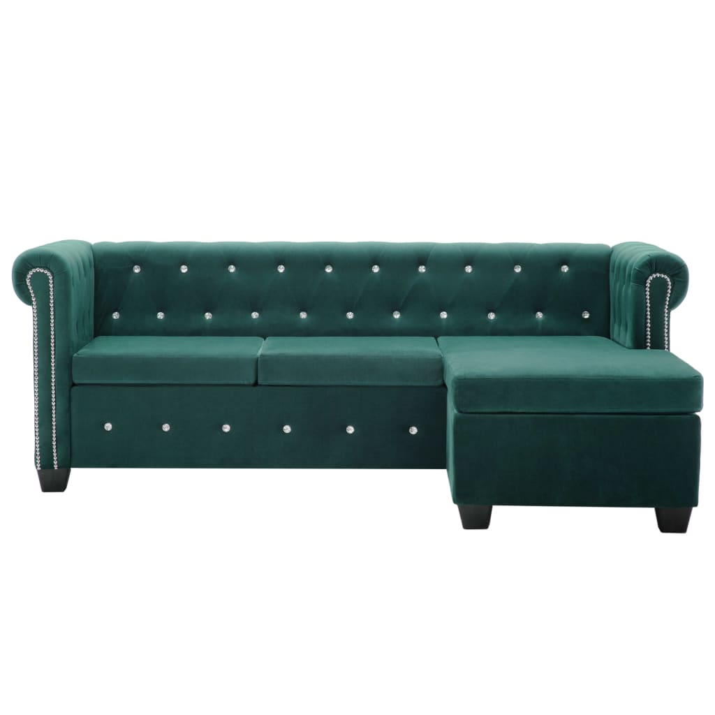 vidaXL L form. Chesterfield sofa, aksom. apmuš., 199x142x72cm, žalia