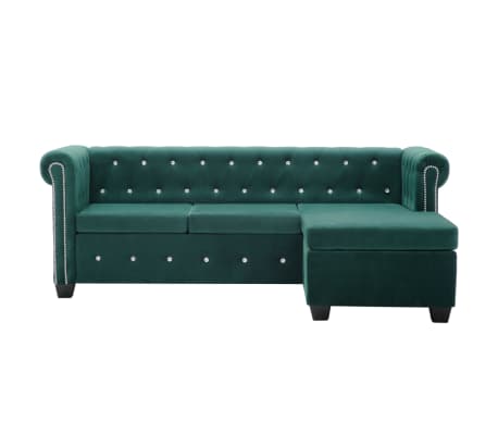 vidaXL L form. Chesterfield sofa, aksom. apmuš., 199x142x72cm, žalia