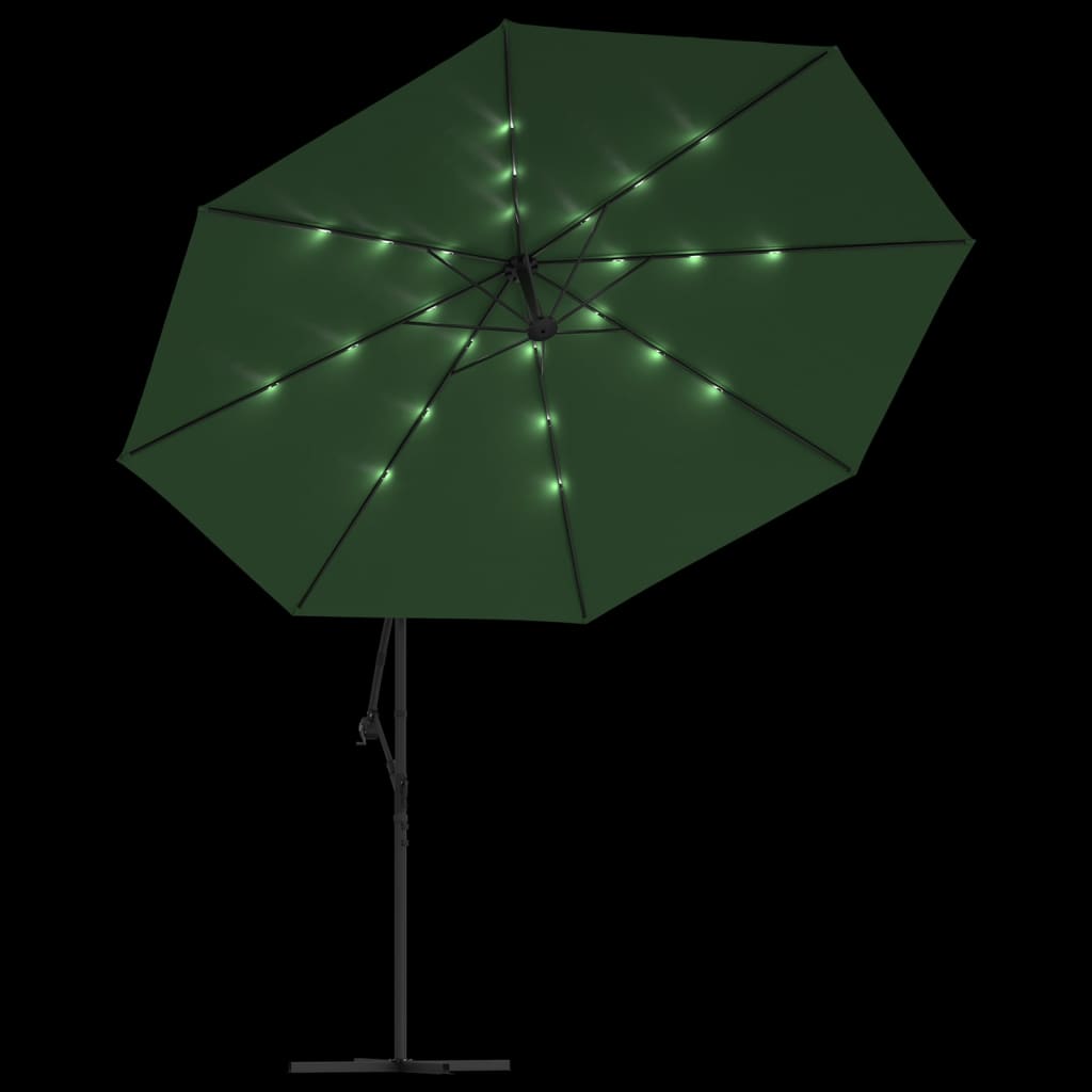 Zöld konzolos napernyő LED-fényekkel és fémrúddal 350 cm 