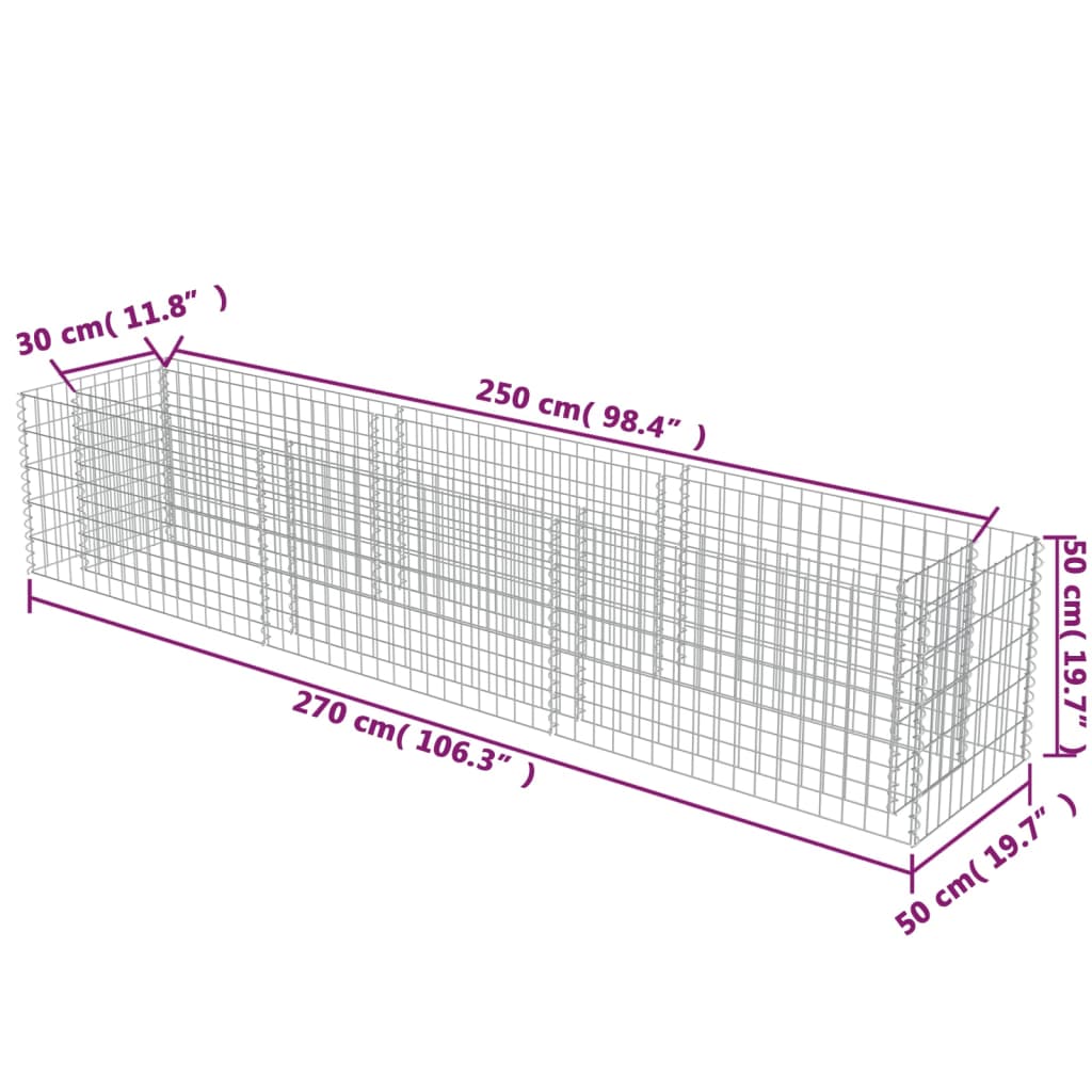 Horganyzott acél gabion magaságyás 270 x 50 x 50 cm 