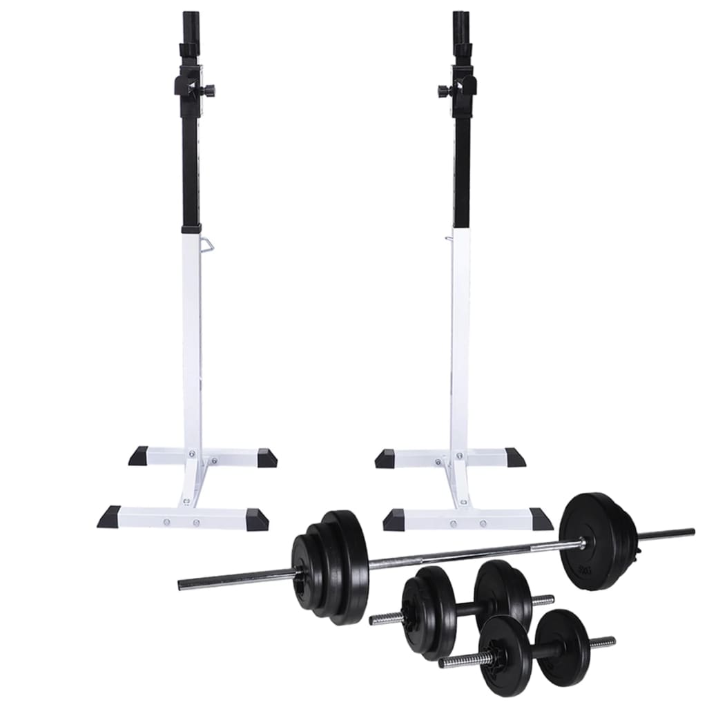 vidaXL vægtstang- og squat-stativ med vægtstang- og håndvægtsæt 30,5 kg