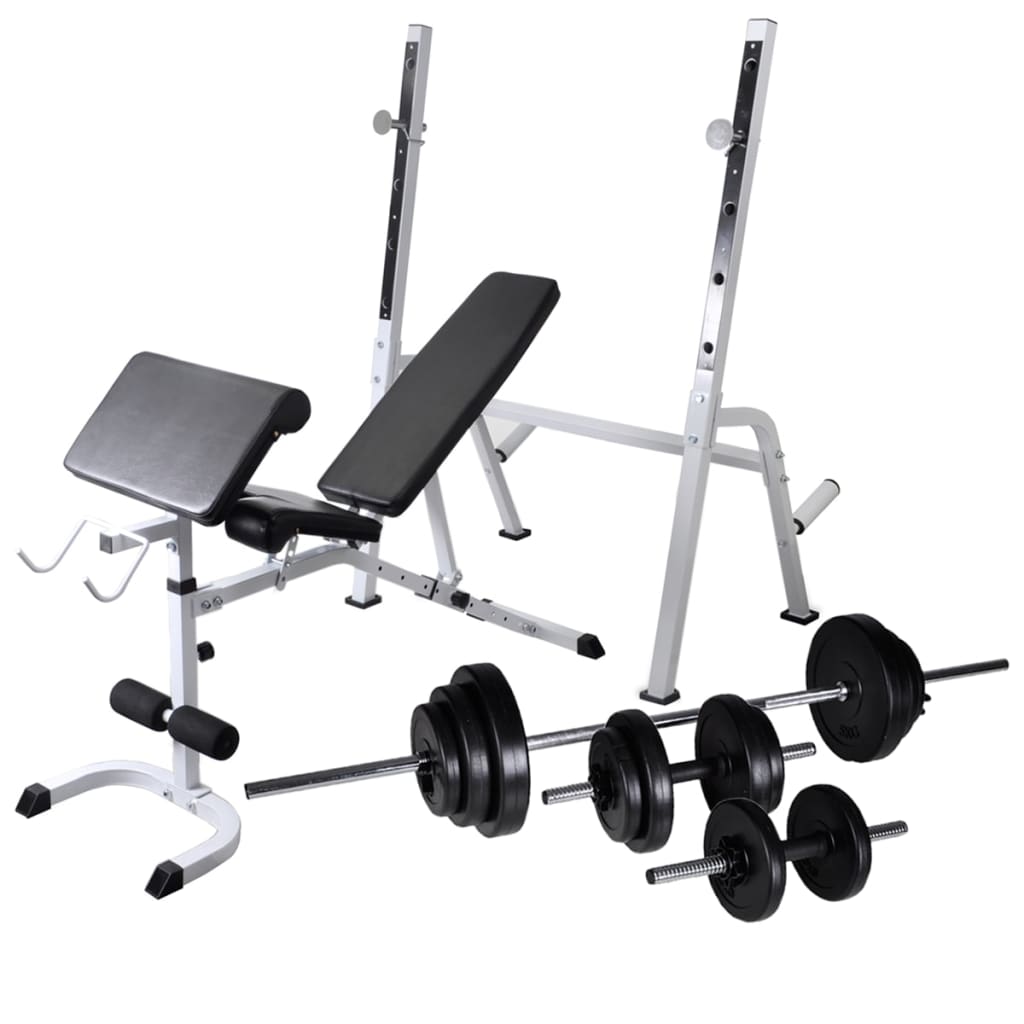 vidaXL Workout Bench with Weight Rack, Barbell and Dumbbell Set 30.5kg