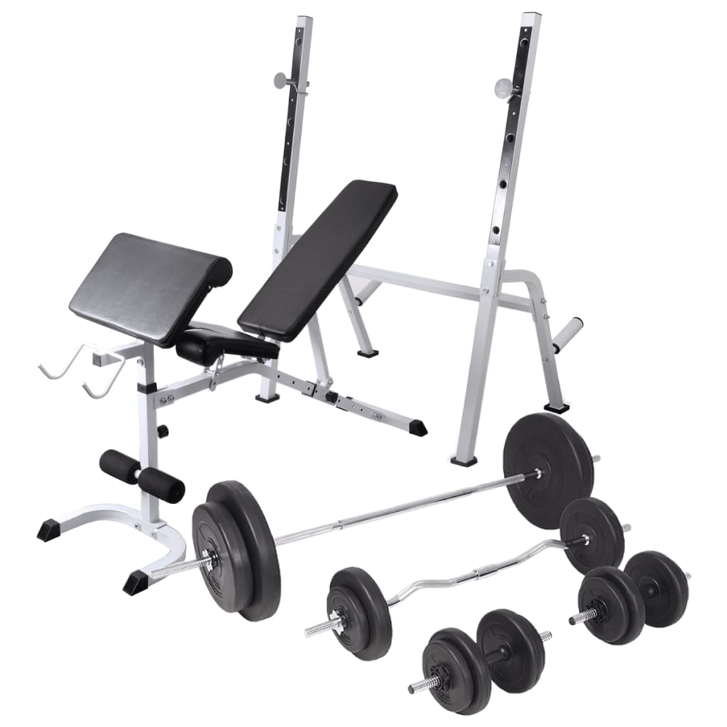 vidaXL træningsbænk med vægtstativ, vægtstang- og håndvægtsæt 90 kg