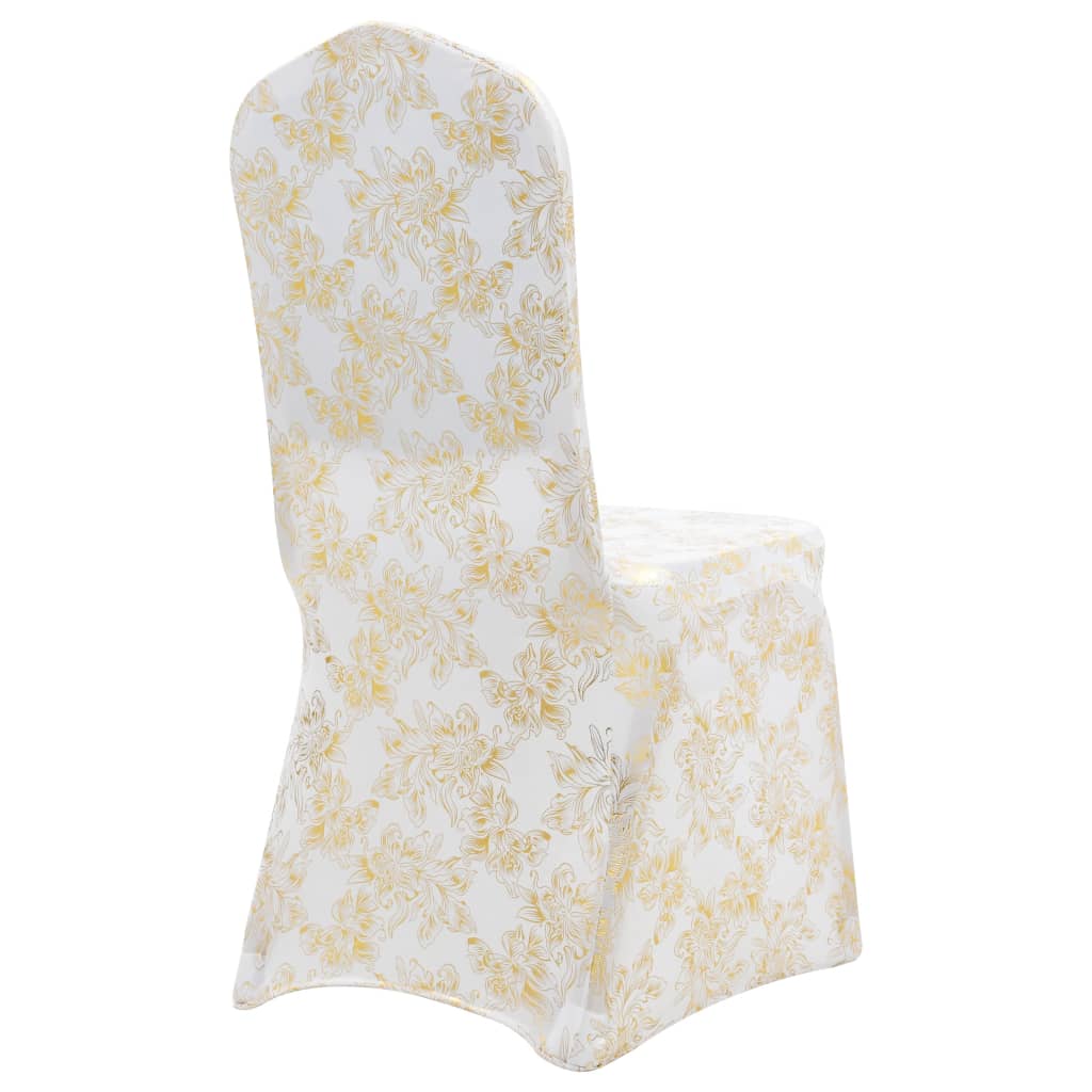 vidaXL Elastyczne pokrowce na krzesła, 6 szt., białe, złoty nadruk
