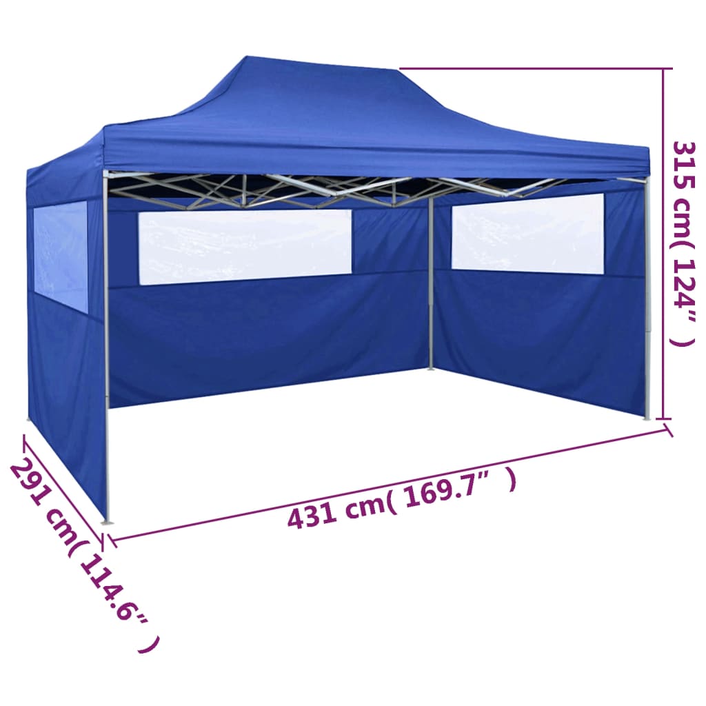 Kék összecsukható sátor 3 fallal, 3 x 4,5 méter 