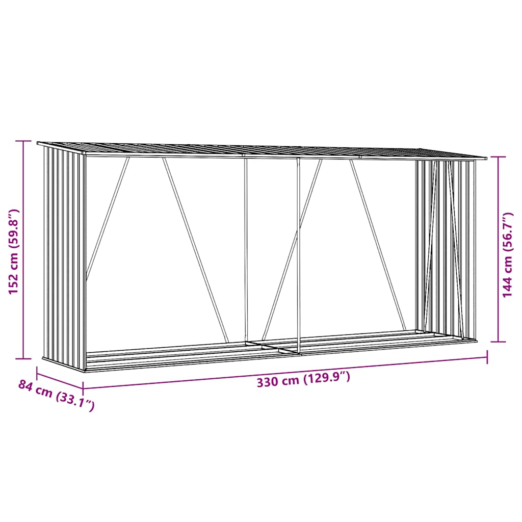 Навес за дърва, поцинкована стомана, 330x84x152 см, сив - Image 10