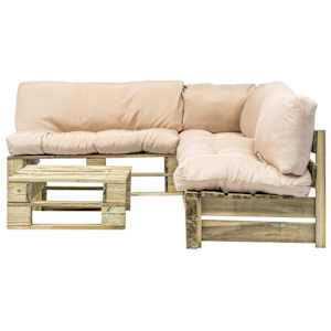 vidaXL Sodo komplektas i&scaron; palečių su pagalvėmis, 4 dalių, mediena