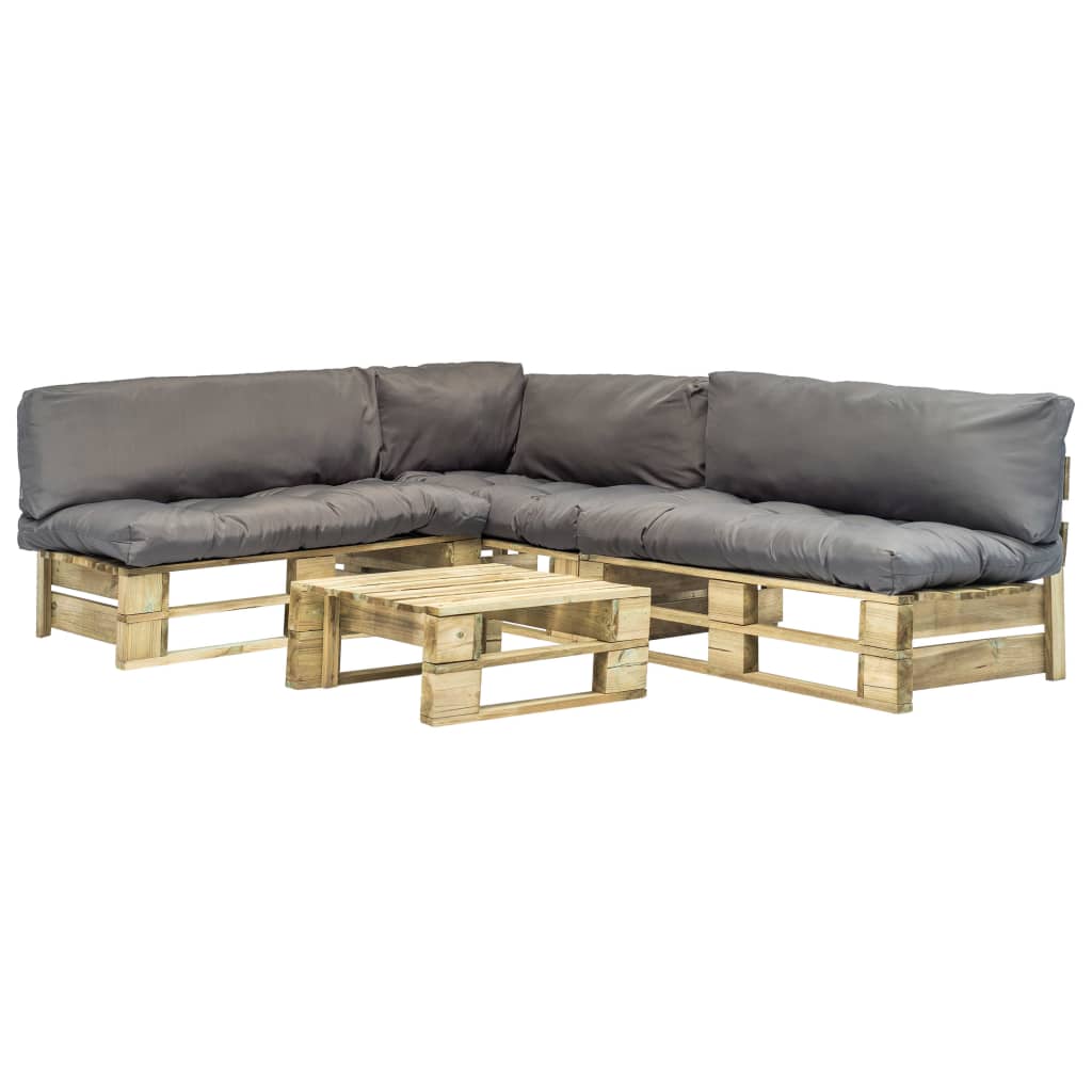 Salon de jardin 4 pcs palettes avec coussins gris bois