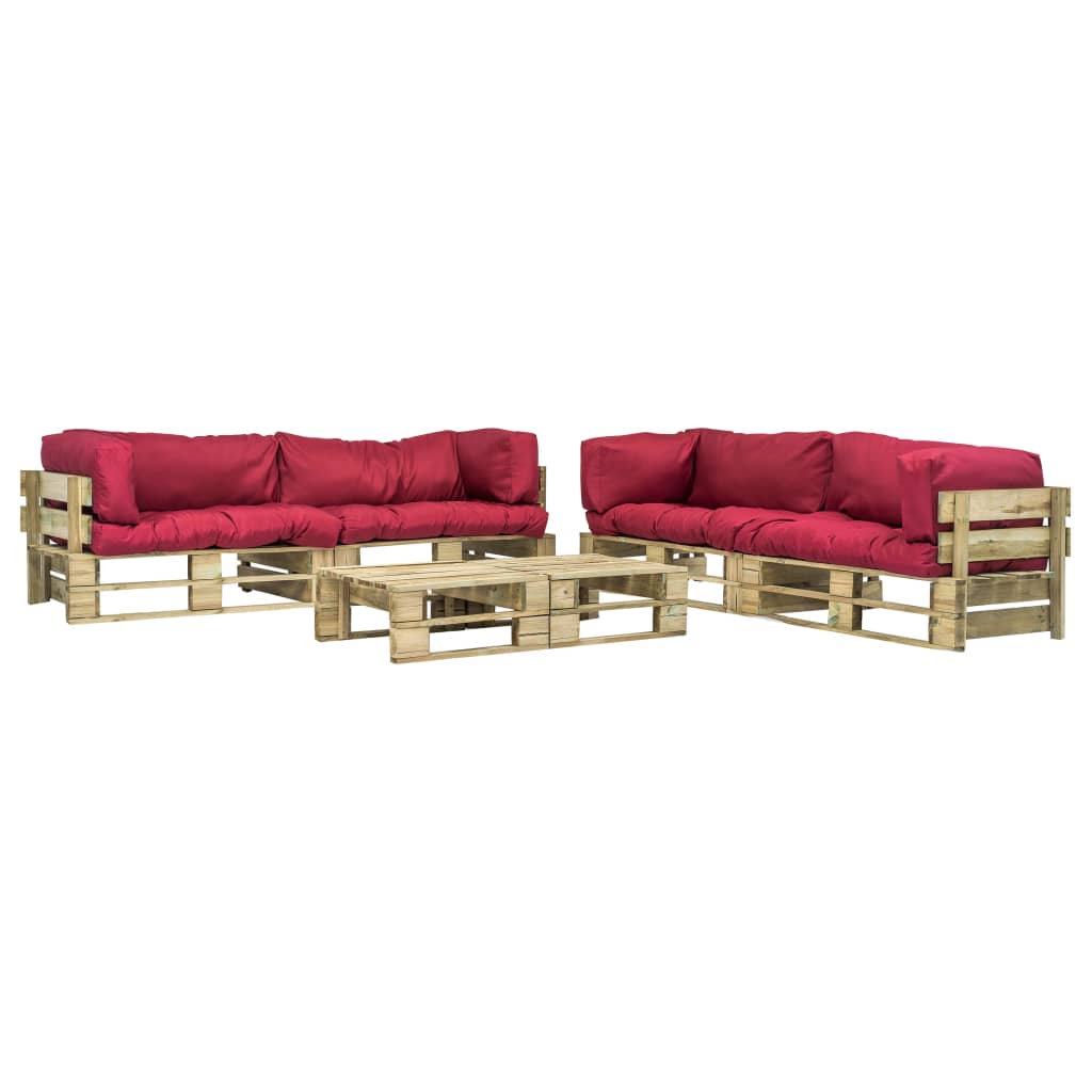 Salon de jardin 6 pcs palettes avec coussins rouges Bois
