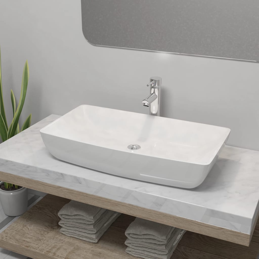 vidaXL badeværelseshåndvask med blandingsbatteri keramik rektangulær hvid
