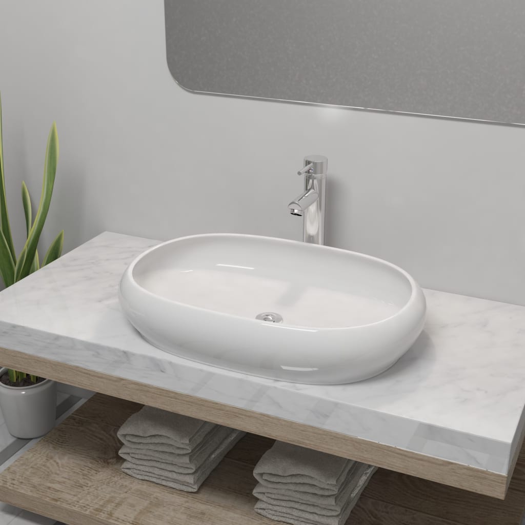 vidaXL Chiuvetă de baie cu robinet mixer, ceramic, oval, alb alb