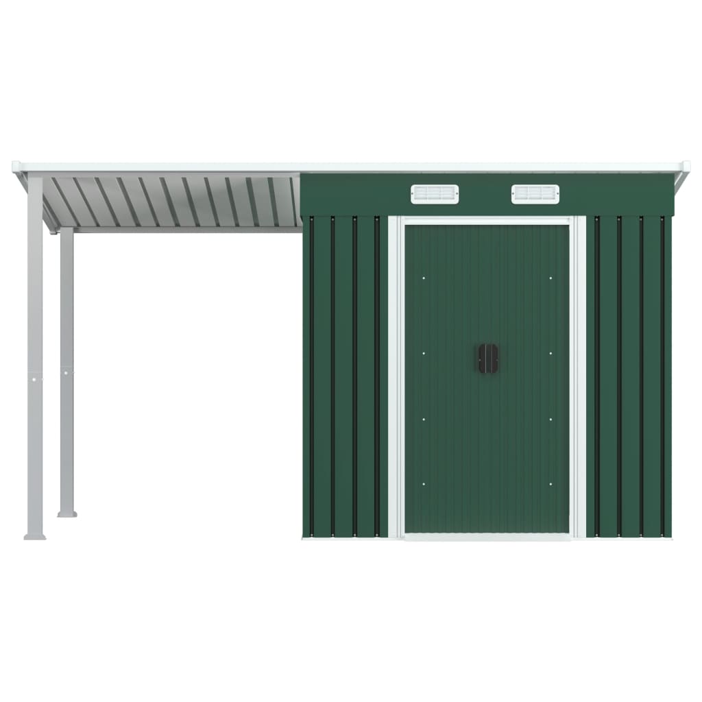vidaXL Garden Shed with Extended Roof Green 346x121x181 cm Steel