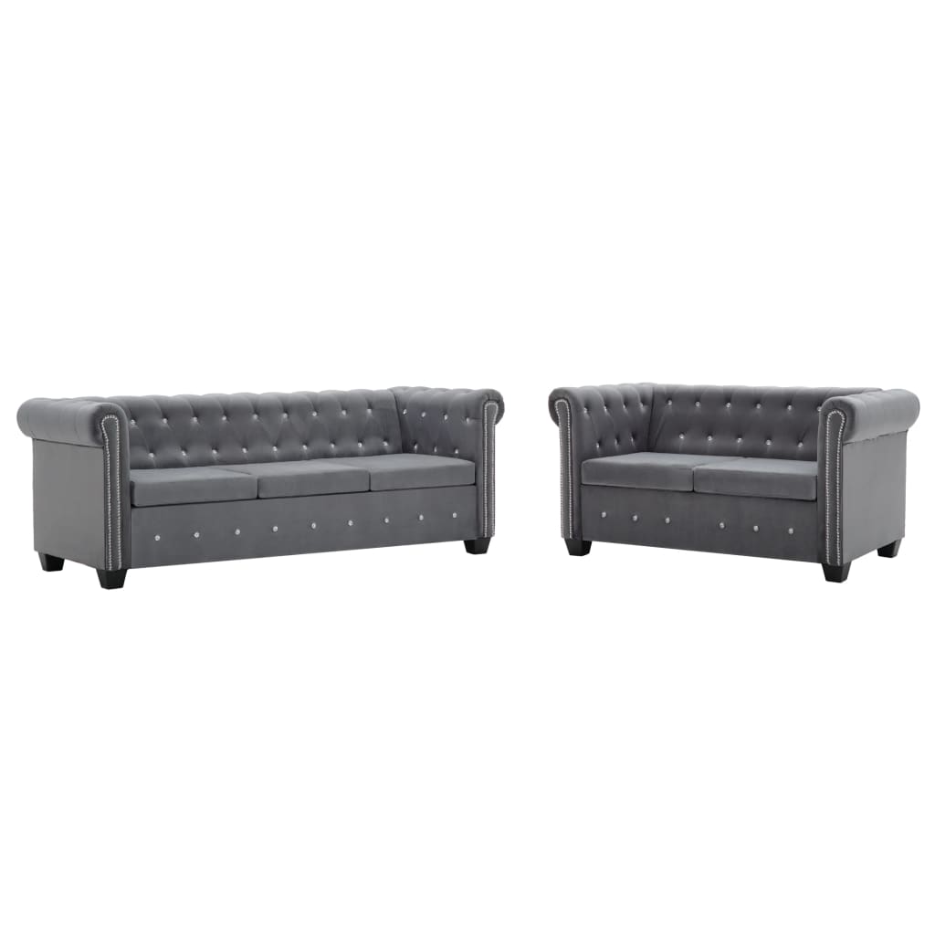 vidaXL Set de sofás Chesterfield 2 pzas tapicería de terciopelo gris