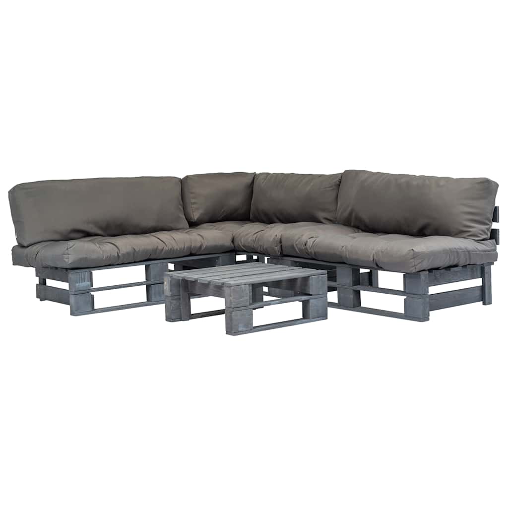 Salon de jardin 4 pcs palettes avec coussins gris bois