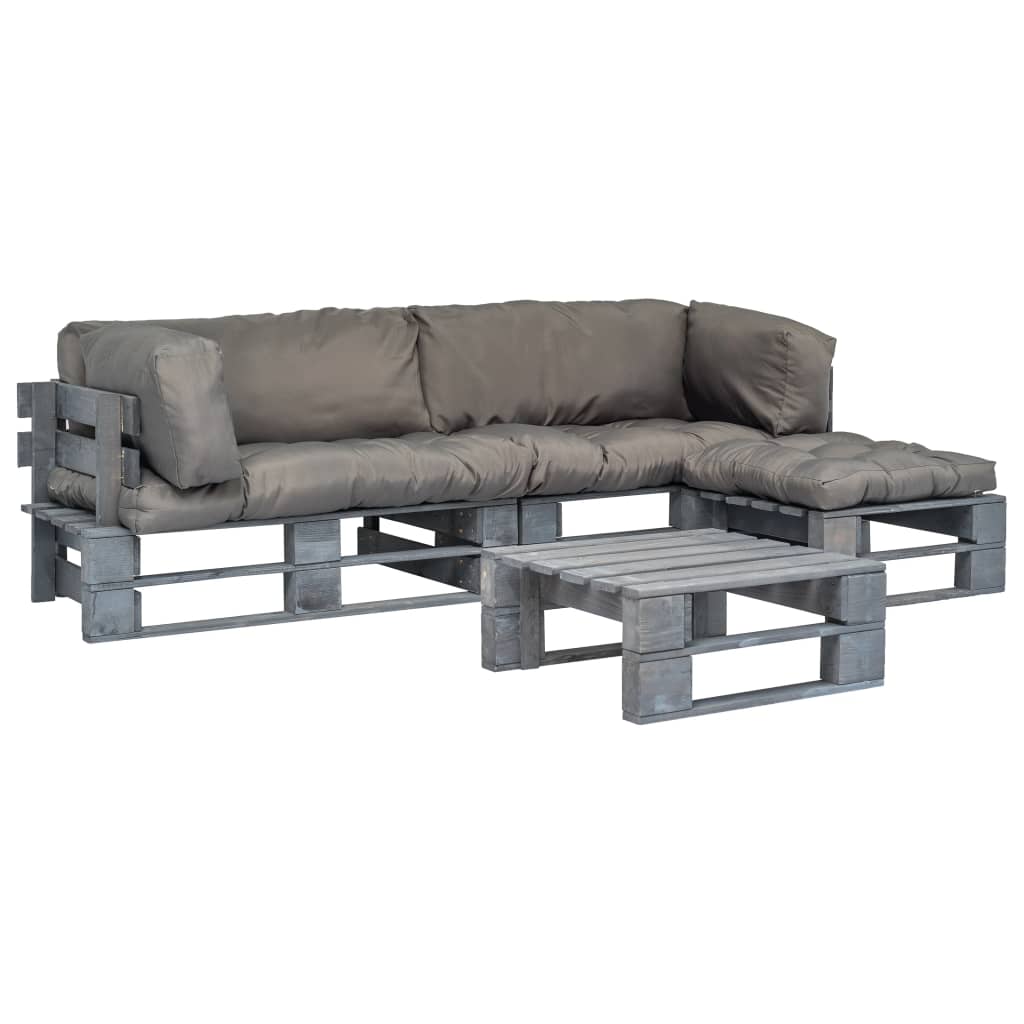 Salon de jardin 4 pcs palettes avec coussins gris Bois
