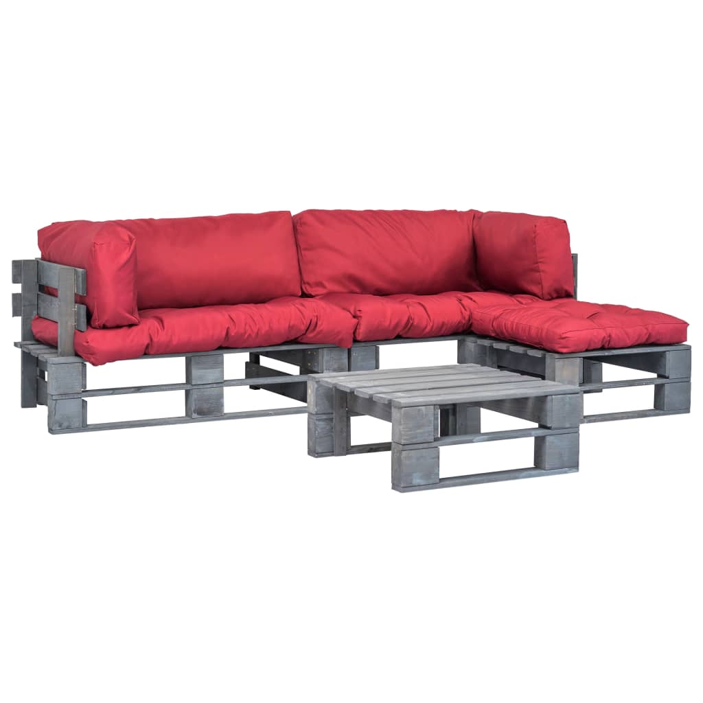 Salon de jardin 4 pcs palettes avec coussins rouges Bois