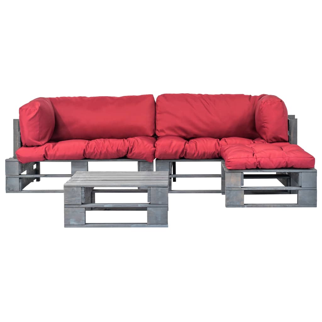 vidaXL Conj. lounge de paletes 4 pcs com almofadões vermelhos madeira