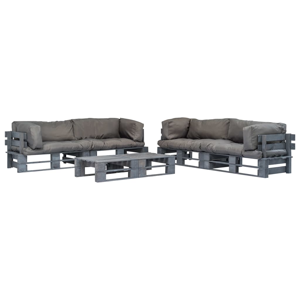 Salon de jardin 6 pcs palettes avec coussins gris Bois