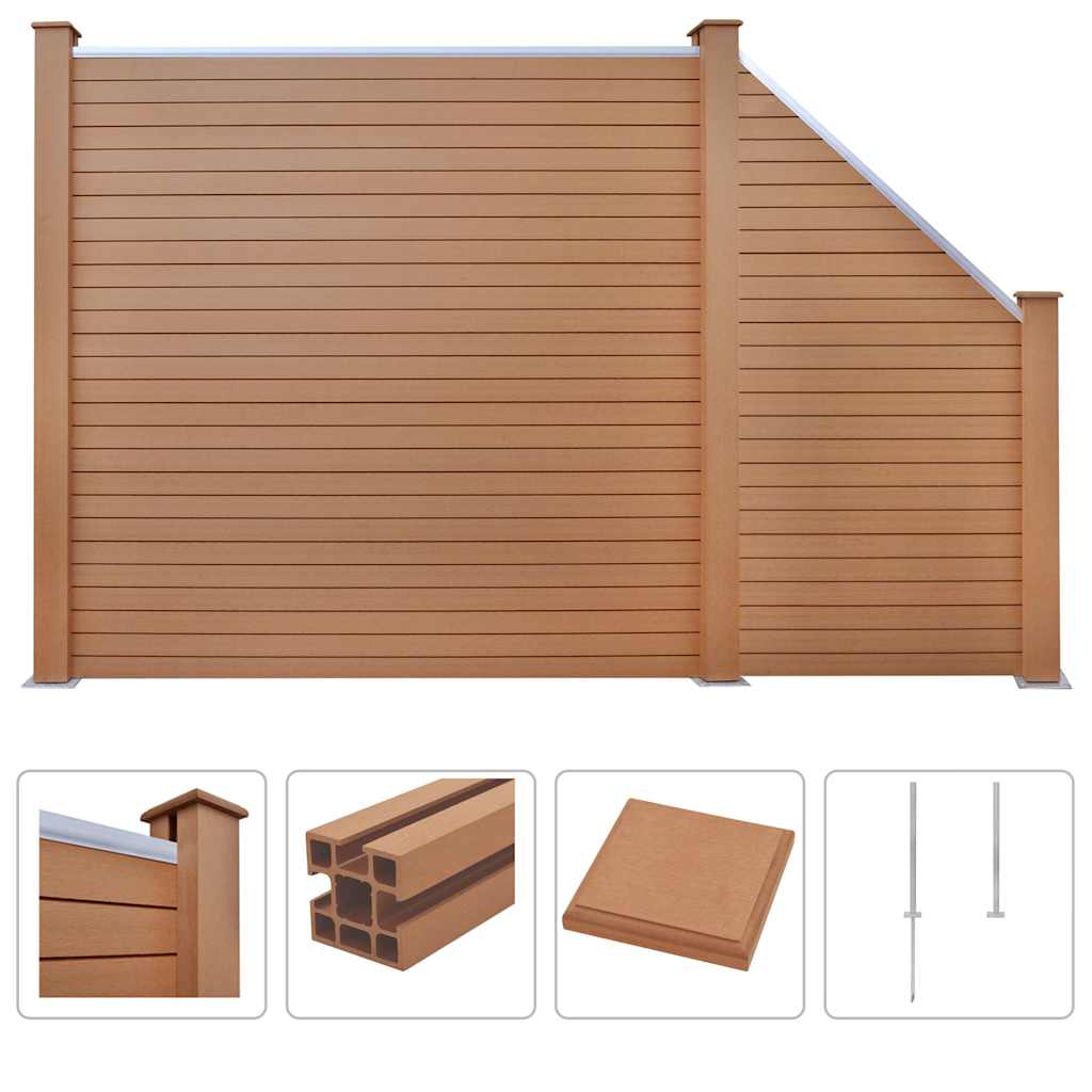 Brown WPC fence set with square and slanted panels, front view on a white background.