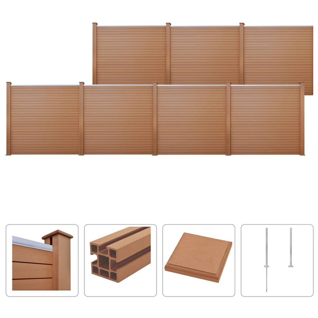 Brown WPC fence set with square panels, front view on a white background.