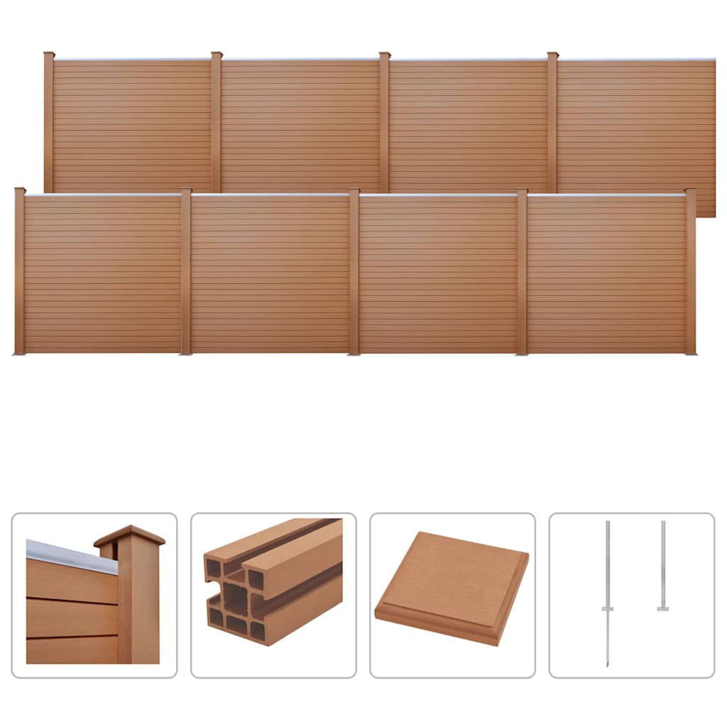Brown WPC fence set with square panels, front view on a white background.