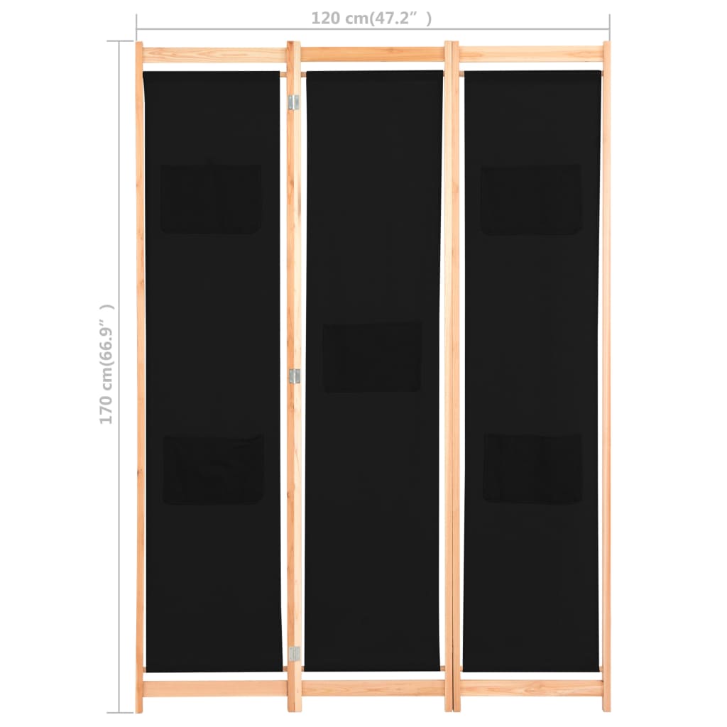 Fekete 3-paneles szövetparaván 120 x 170 x 4 cm 