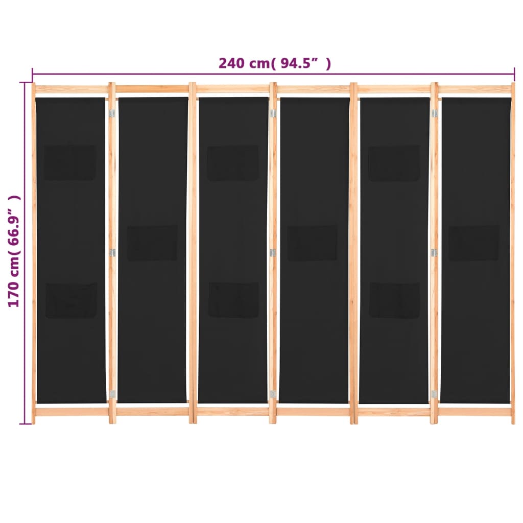 Fekete 6-paneles szövetparaván 240 x 170 x 4 cm 