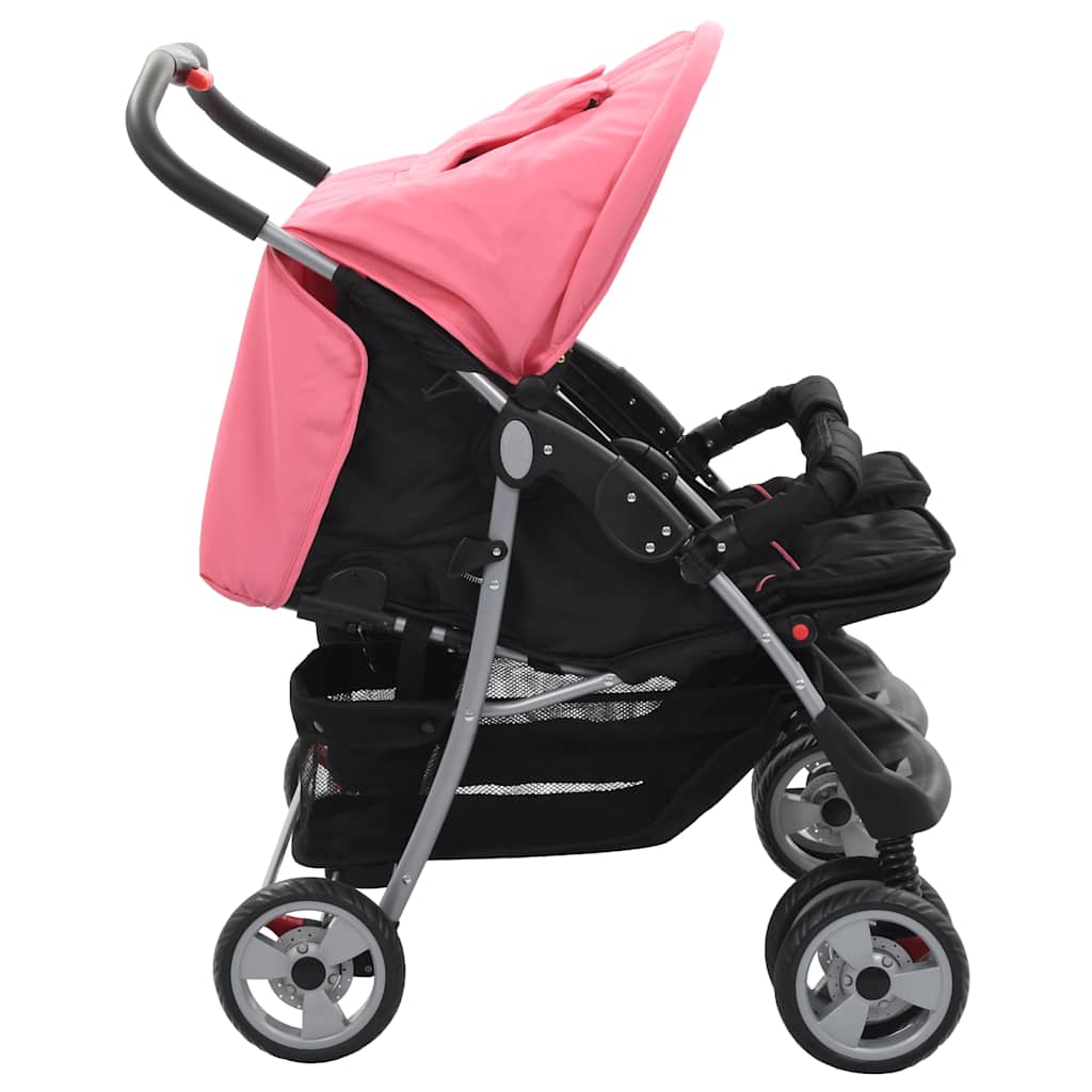 vidaXL Tweelingkinderwagen staal roze en zwart afbeelding