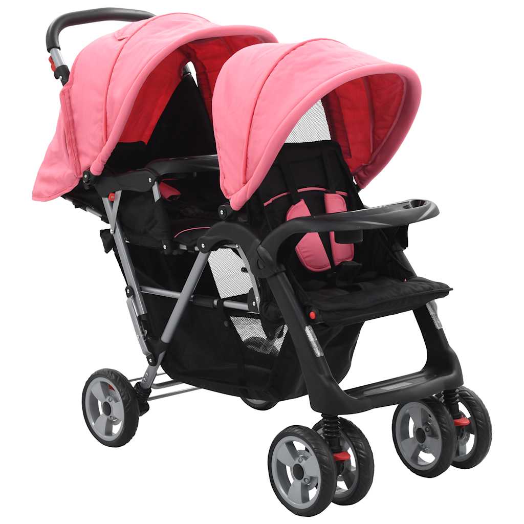 vidaXL Tandem-Kinderwagen Stahl Rosa und Schwarz