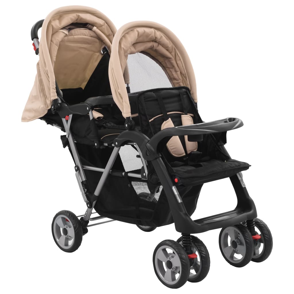 vidaXL Carrito para 2 niños tandem de acero taupé y negro