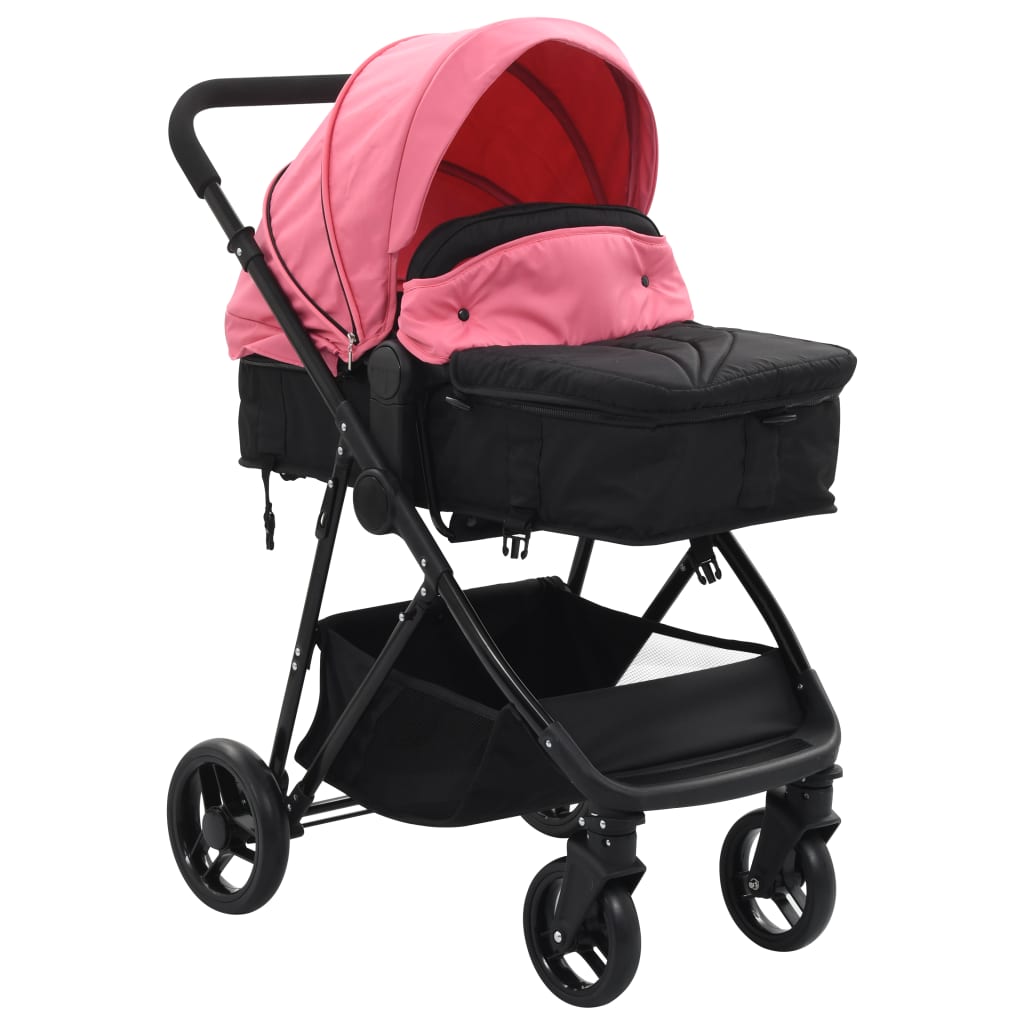 vidaXL Cochecito/Silla de bebé 2 en 1 acero rosa y negro