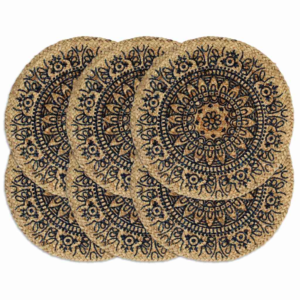 Runde dækkeservietter i jute - 6 stk., 38 cm, mørkeblå mønster
