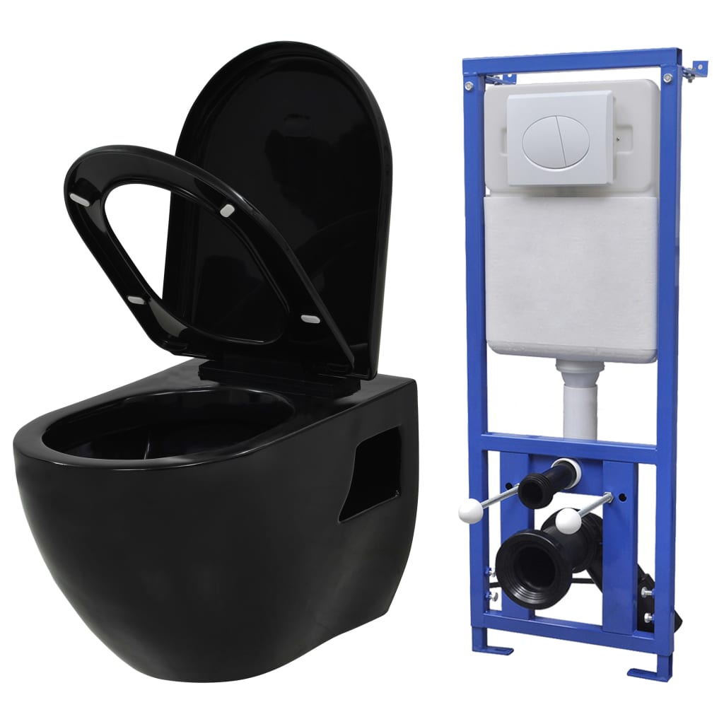 vidaXL Vas de toaletă suspendat cu rezervor încastrat, negru, ceramică vidaXL