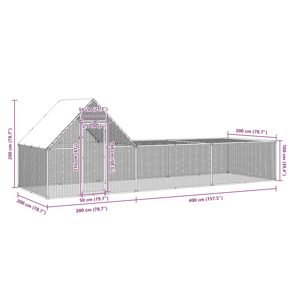 Horganyzott acél tyúkól 6 x 2 x 2 m 