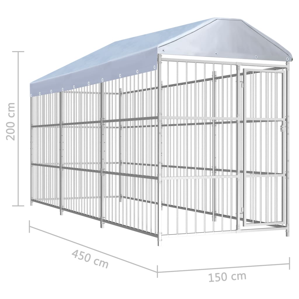 Chenil d'extérieur en acier galvanisé avec toit pour chien - Panneaux à barreaux - 450x150x200 cm - 6m²