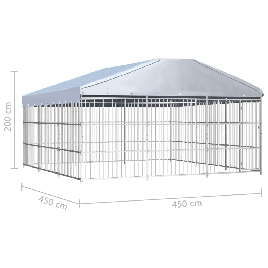 Chenil d'extérieur en acier galvanisé avec toit pour chien - Panneaux à barreaux - 450x450x200 cm - 20m²