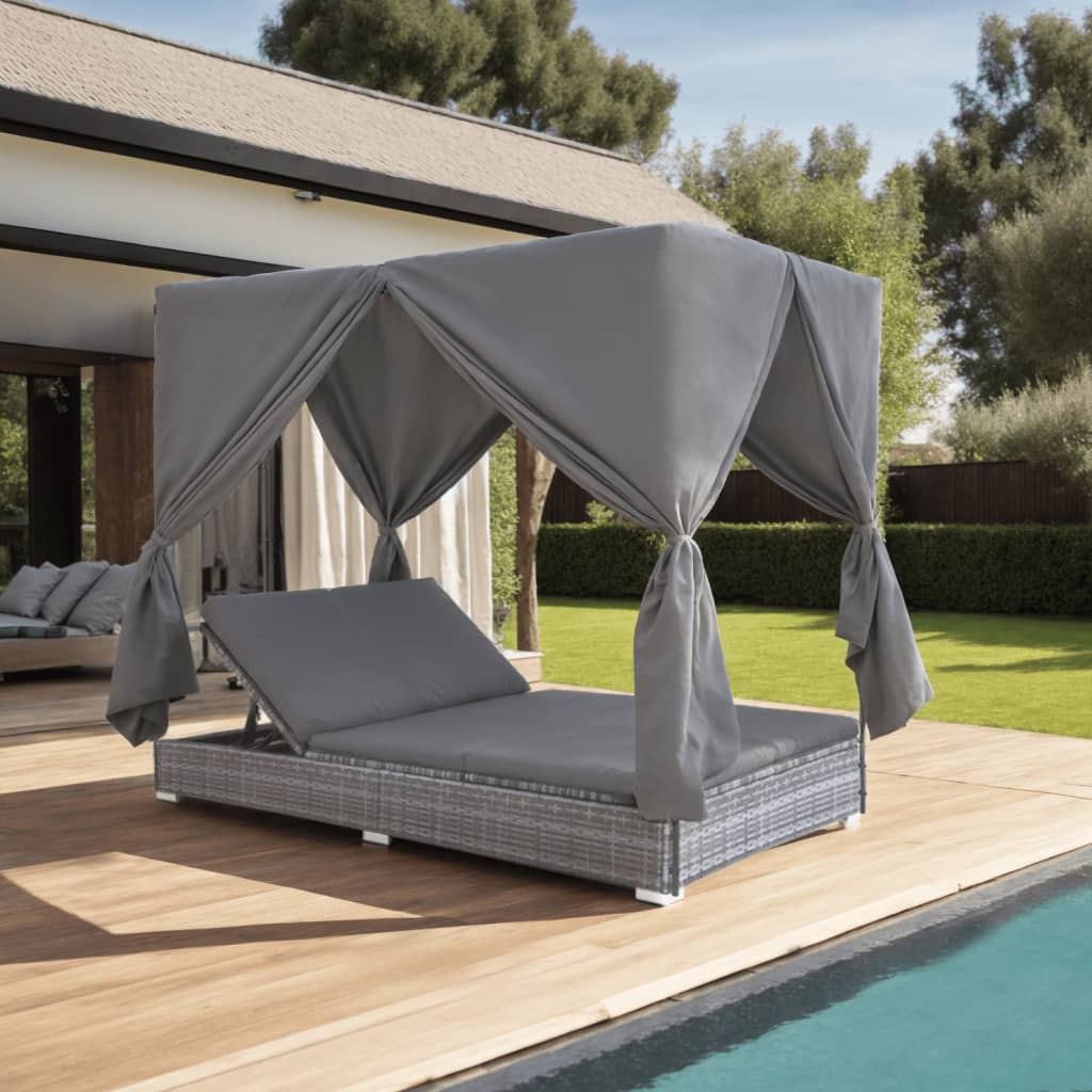 vidaXL Outdoor-Lounge-Bett mit Vorhängen Poly Rattan Grau